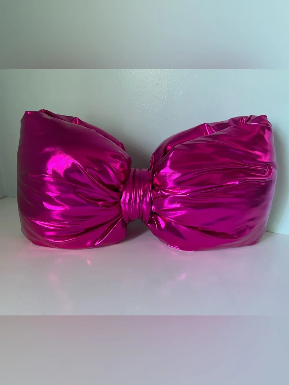 Decorative Hot Pink Bow Shaped Accent Pillow Metallic Faux Leather